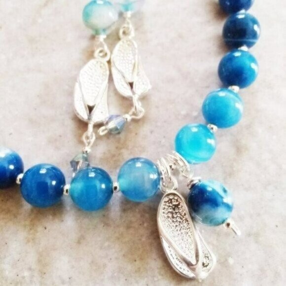 Ombre Sea Blue! Matched Bracelet + Earring Set! Silver Flip Flops & Blue Agates! - Picture 7 of 10
